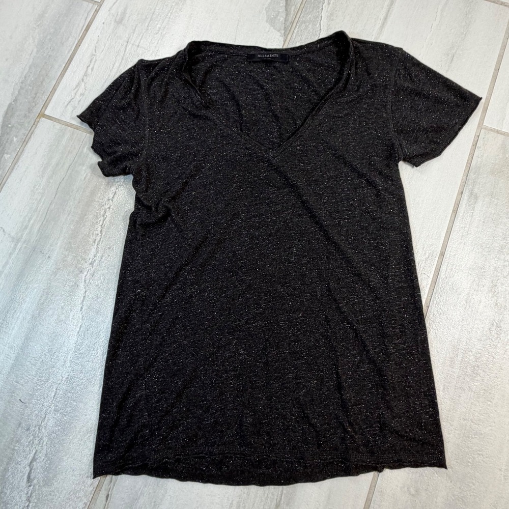 AllSaints Womens Small Charcoal Gray Metallic V-Neck Short Sleeve Marl T-Shirt